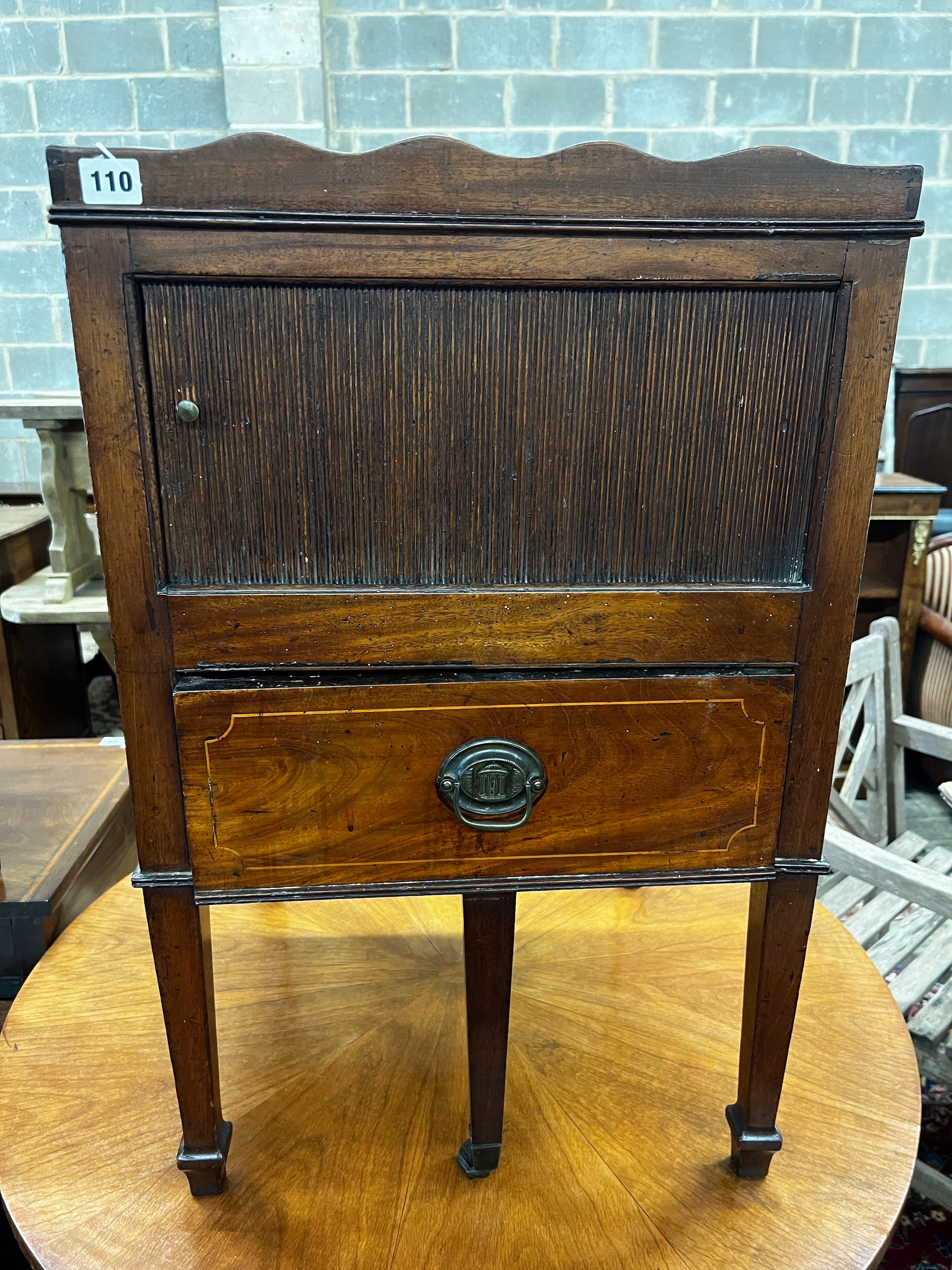 A George III mahogany tambour bedside cabinet, width 49cm, depth 46cm, height 76cm